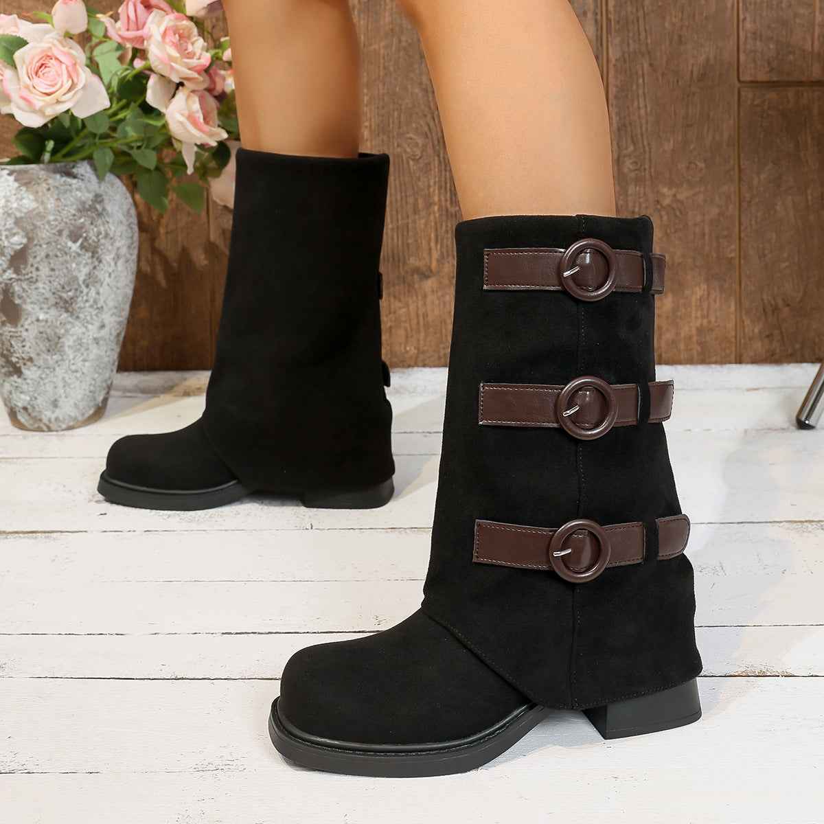 Vintage Suede Pantyhose Boots with Buckle Detail
