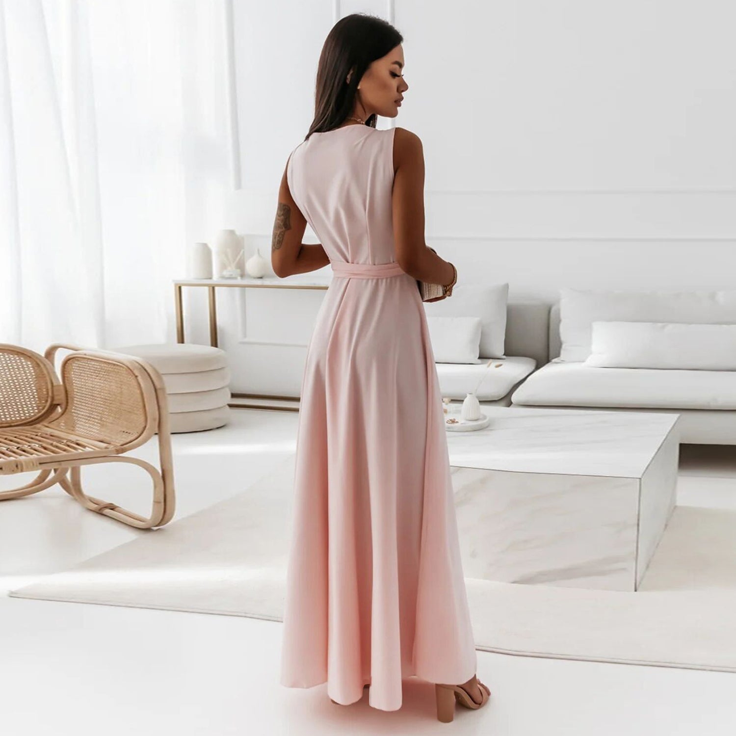 V-neck Sleeveless Dress With Belt Summer Fashion Party Club Evening Maxi Dresses For Women Clothing - Swefashionstore