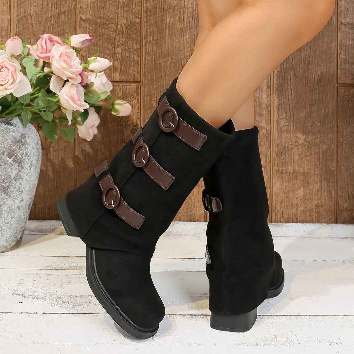 Vintage Suede Pantyhose Boots with Buckle Detail