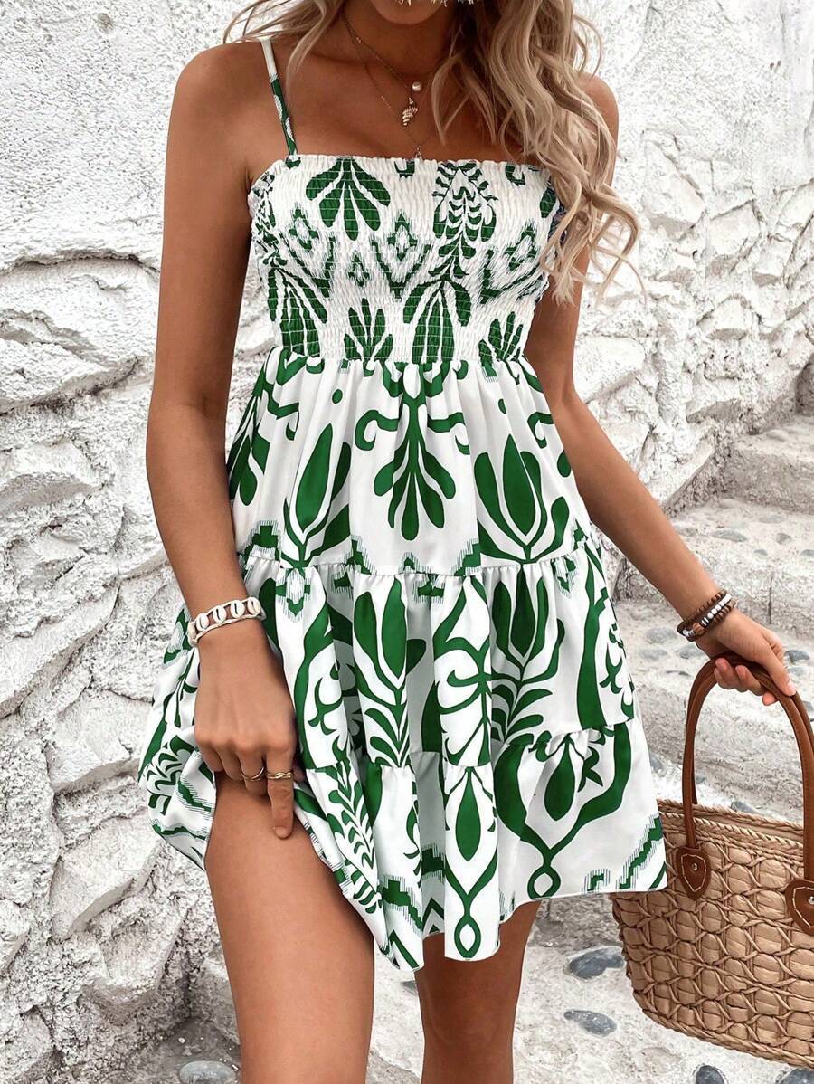 Women's FASHION Plant Print Gathered CAMI Dress