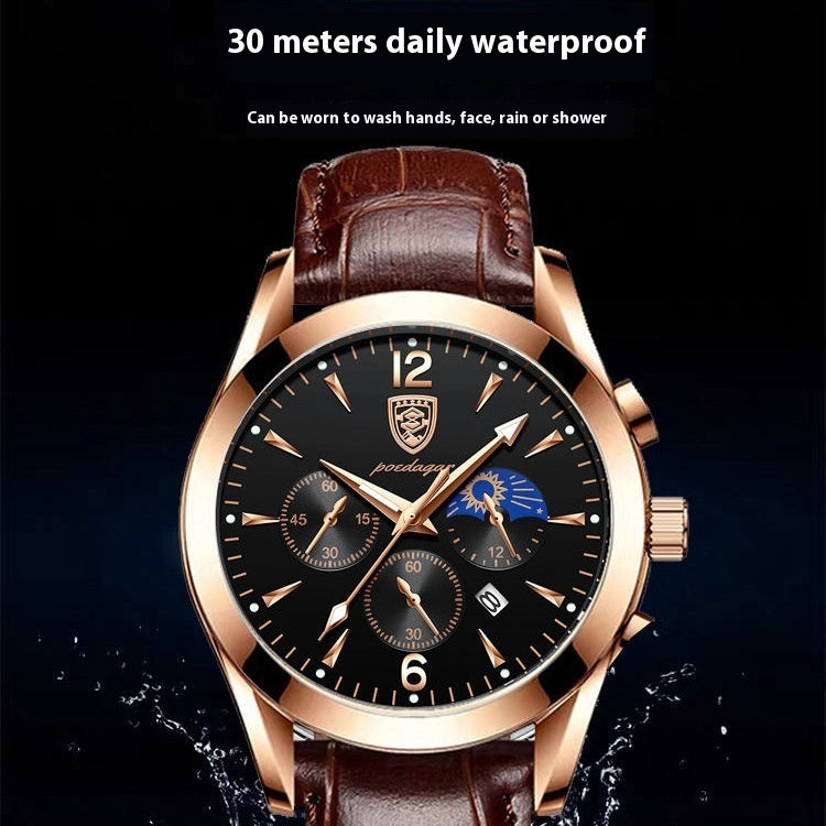 Waterproof luminous men's watch with rose gold and black design, showcases a stylish multi-dial face.