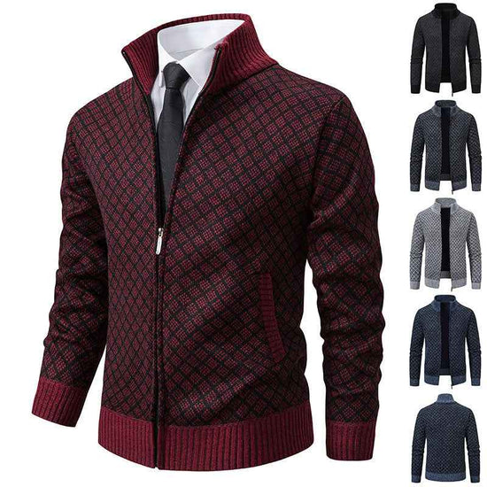 Thickened Plaid Print Cardigan Jacket for Men - Slim Fit Zipper Stand Collar Sweater for Winter Casual Wear