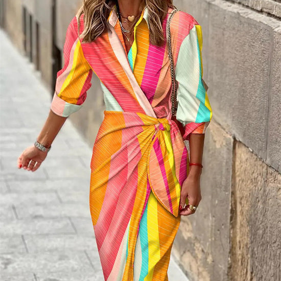 Fashion Printed Shirt Dress With Belt Slim Fit Three-quarter Sleeve Lapel Dress For Women Clothing - Swefashionstore