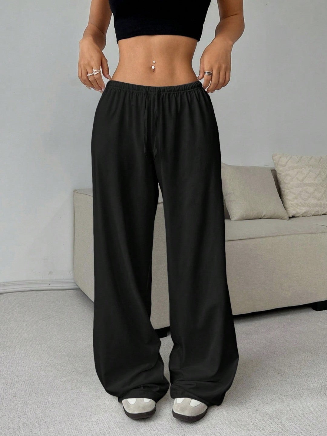 Trousers Elastic Waistband Lace-up Wide-leg Casual Pants - Swefashionstore