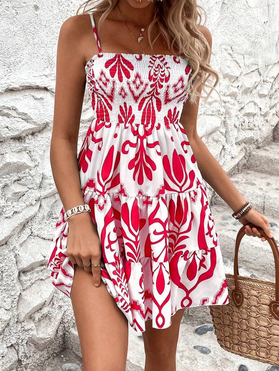 Women's FASHION Plant Print Gathered CAMI Dress
