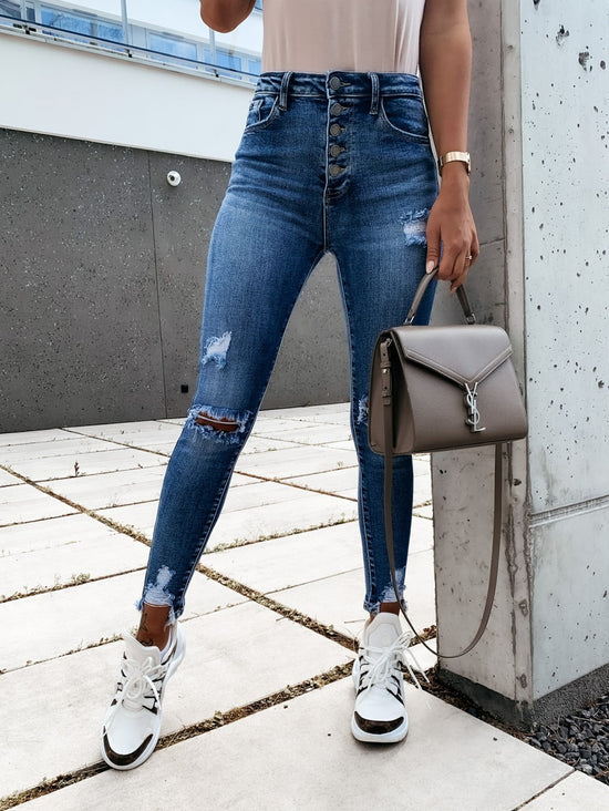 Denim Holed Washed Jeans Low-Waist Holed Hemmed Leggings - Swefashionstore