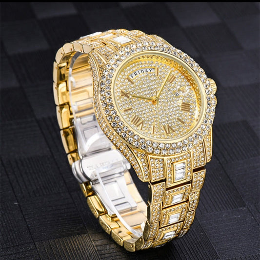 Full Diamond Luxury Quartz Watch in gold with diamond embellishments.