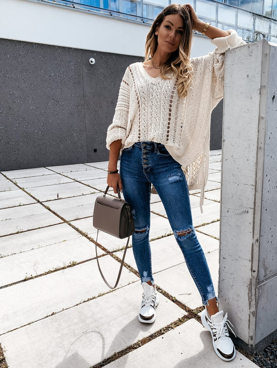 Denim Holed Washed Jeans Low-Waist Holed Hemmed Leggings - Swefashionstore