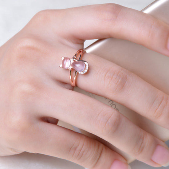 Rose Gold Plated Crystal Cute Animal Cat Ring Hibiscus Stone Crystal Diamond Ring Women Party Jewelry For Pet Lovers - Swefashionstore