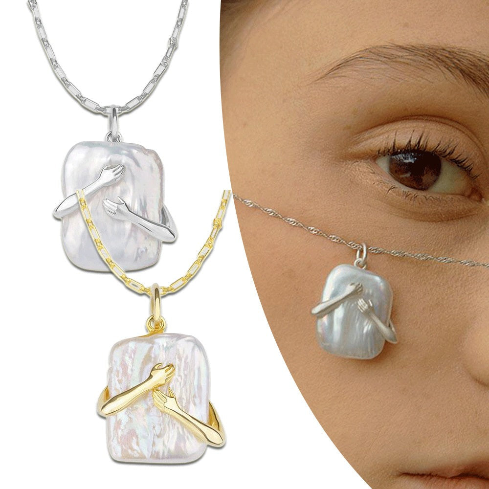 Unique square Baroque pearl couple pendant necklace with geometric design and water wave chain.