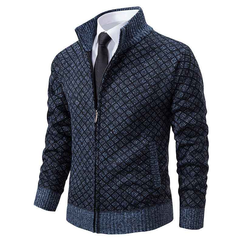 Thickened Plaid Print Cardigan Jacket for Men - Slim Fit Zipper Stand Collar Sweater for Winter Casual Wear