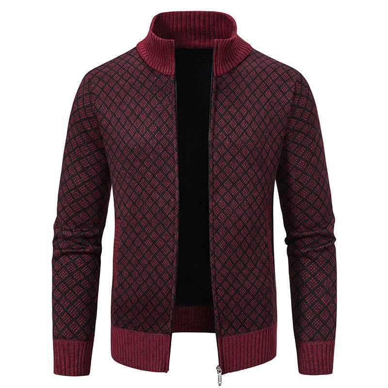 Thickened Plaid Print Cardigan Jacket for Men - Slim Fit Zipper Stand Collar Sweater for Winter Casual Wear