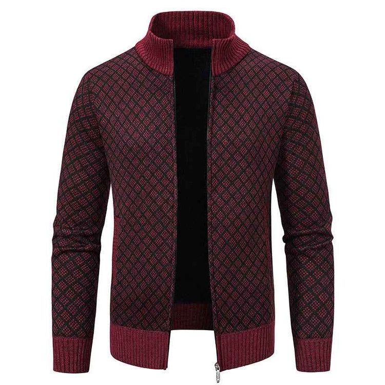 Thickened Plaid Print Cardigan Jacket for Men - Slim Fit Zipper Stand Collar Sweater for Winter Casual Wear
