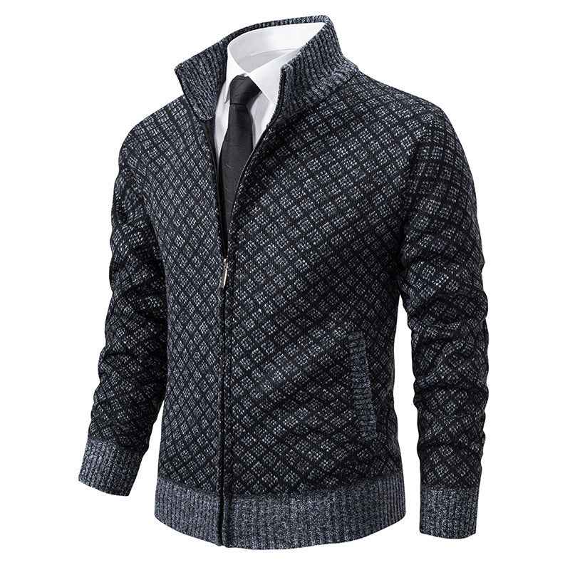 Thickened Plaid Print Cardigan Jacket for Men - Slim Fit Zipper Stand Collar Sweater for Winter Casual Wear