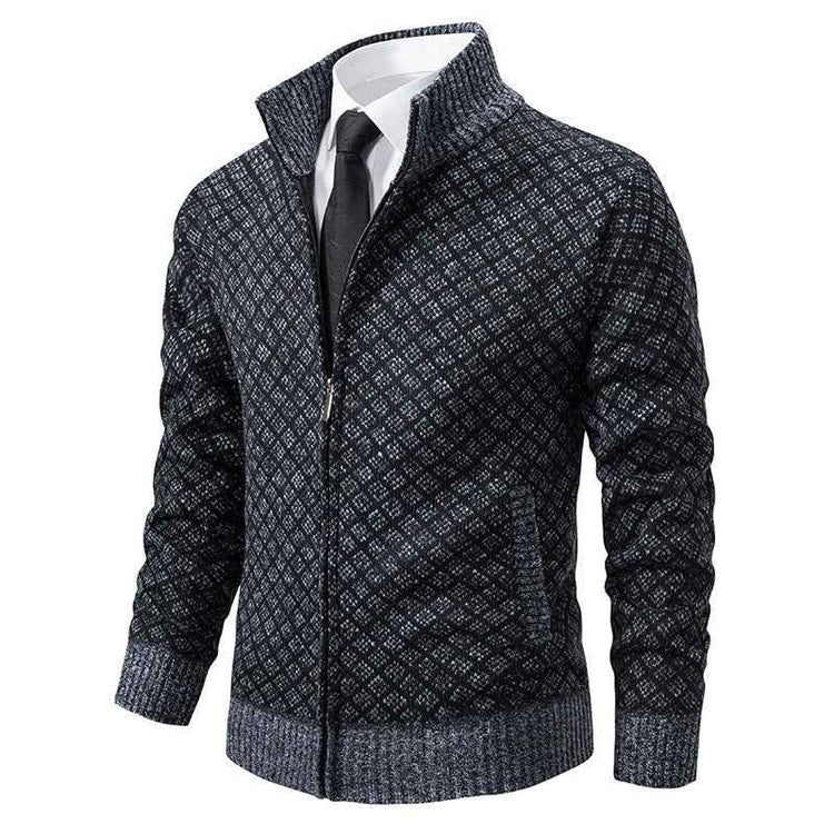 Thickened Plaid Print Cardigan Jacket for Men - Slim Fit Zipper Stand Collar Sweater for Winter Casual Wear