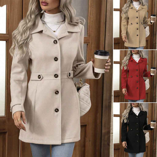 Elegant Woolen Coat for Women - Single-breasted Mid-length Jacket with Lapel and Buttons for Commuter Outwear