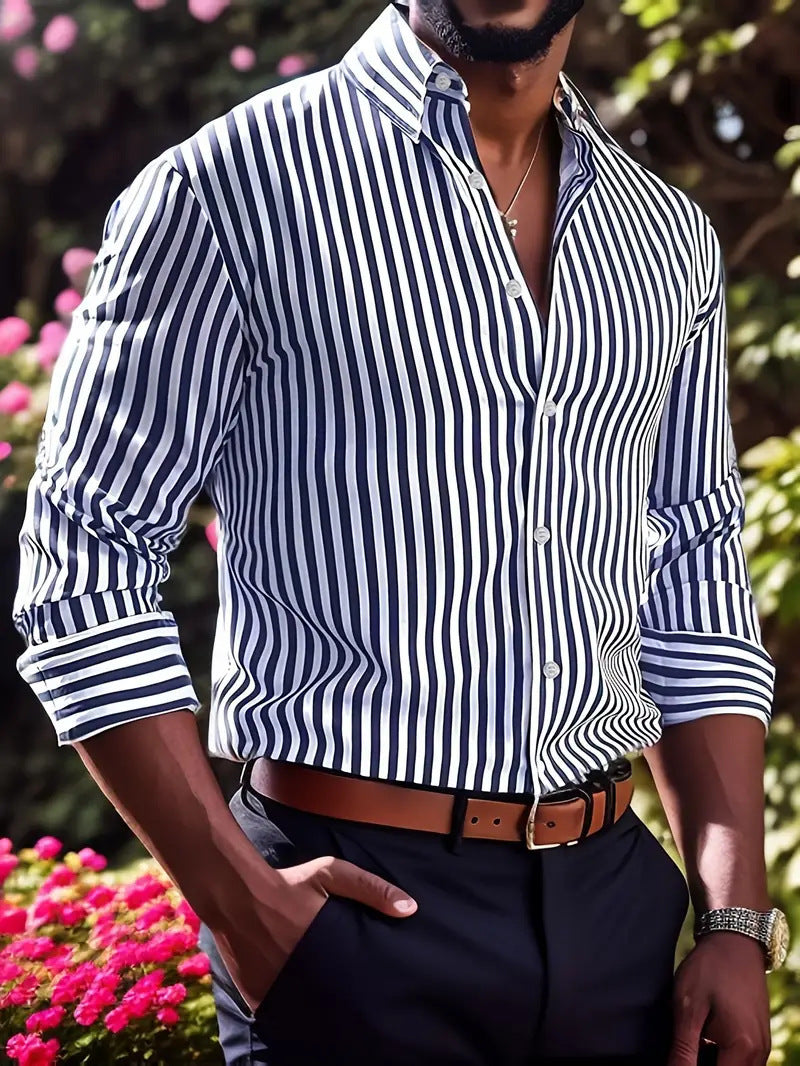 Ins Stripe Printed Long Sleeve Shirt Men Fashion Casual Lapel Button Top Clothing - Swefashionstore