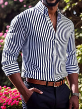 Ins Stripe Printed Long Sleeve Shirt Men Fashion Casual Lapel Button Top Clothing - Swefashionstore