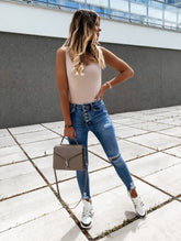 Denim Holed Washed Jeans Low-Waist Holed Hemmed Leggings - Swefashionstore