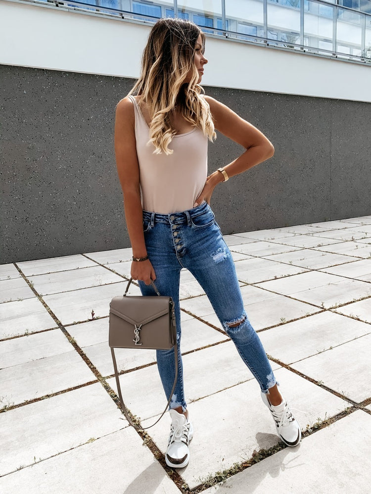 Denim Holed Washed Jeans Low-Waist Holed Hemmed Leggings - Swefashionstore