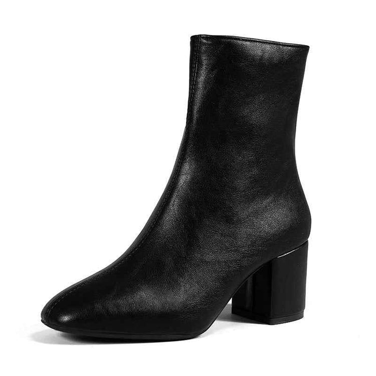 Chunky Heel Pointed Toe Boots with Side Zipper - Fashion Mid-Calf Boots for Women