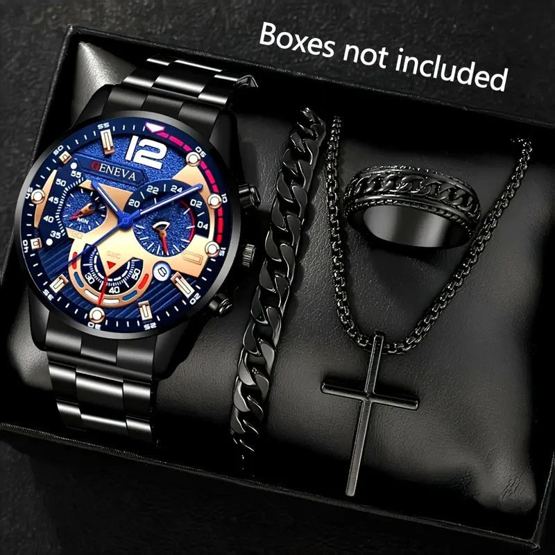 Men's Temperament Business Watch with bracelet, necklace, and ring set in black.