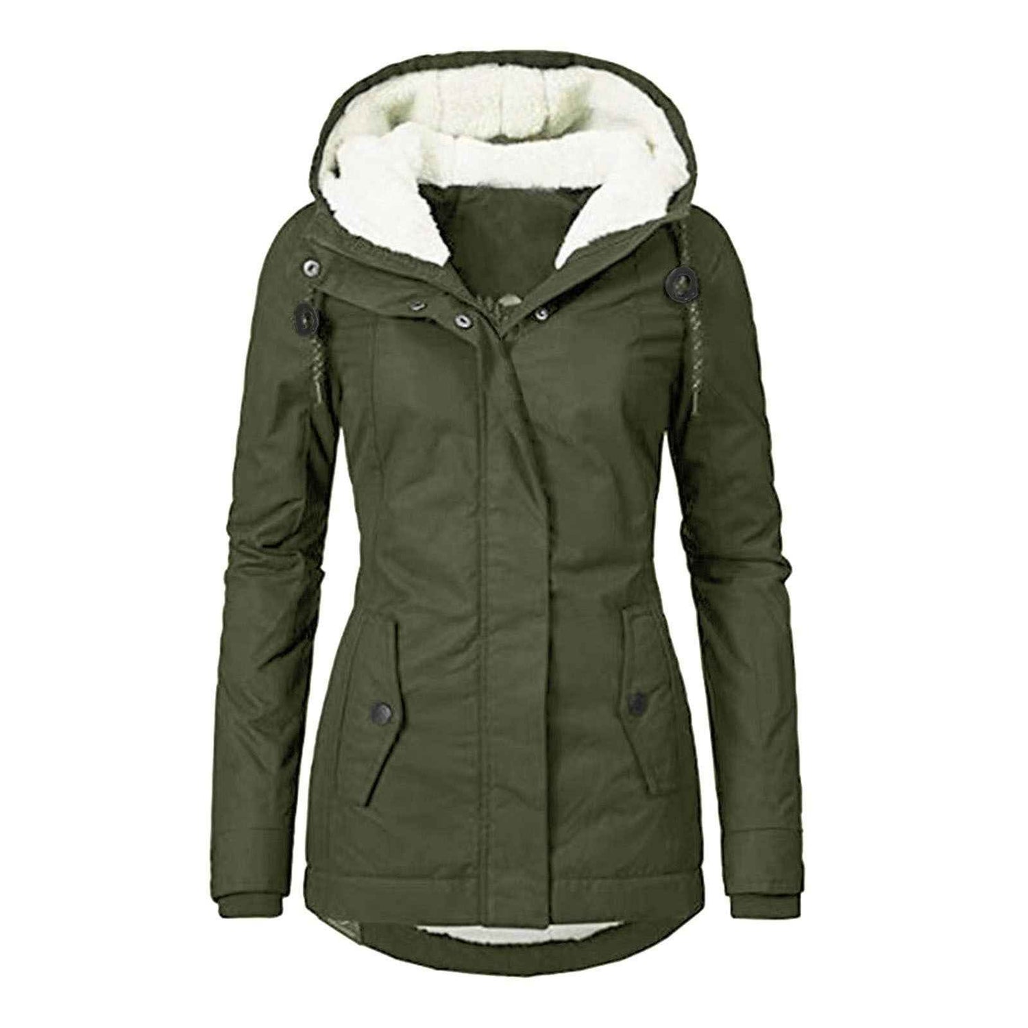 Winter Hooded Jacket for Women - Solid Color Fleece Zip-up with Pockets