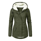 Winter Hooded Jacket for Women - Solid Color Fleece Zip-up with Pockets