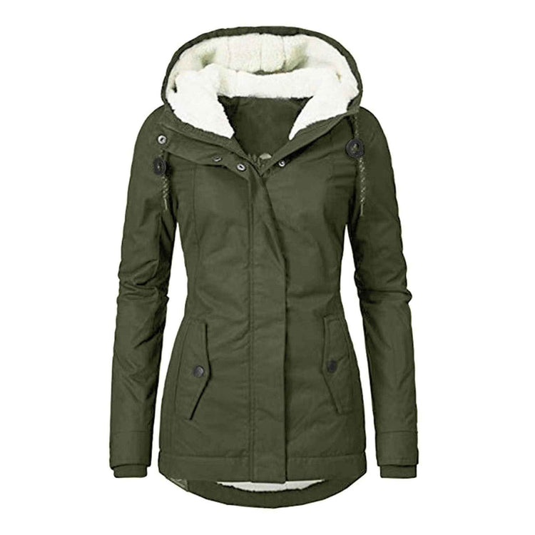 Winter Hooded Jacket for Women - Solid Color Fleece Zip-up with Pockets