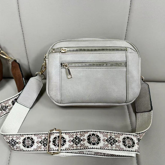 Triple-zipper Shoulder Bag With Floral Embroidered Straps - Swefashionstore