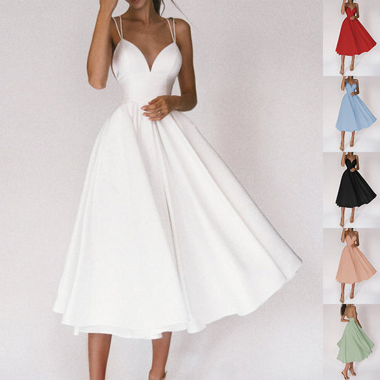 New Design V-neck Suspender Summer Fashion A-Line Long Dresses
