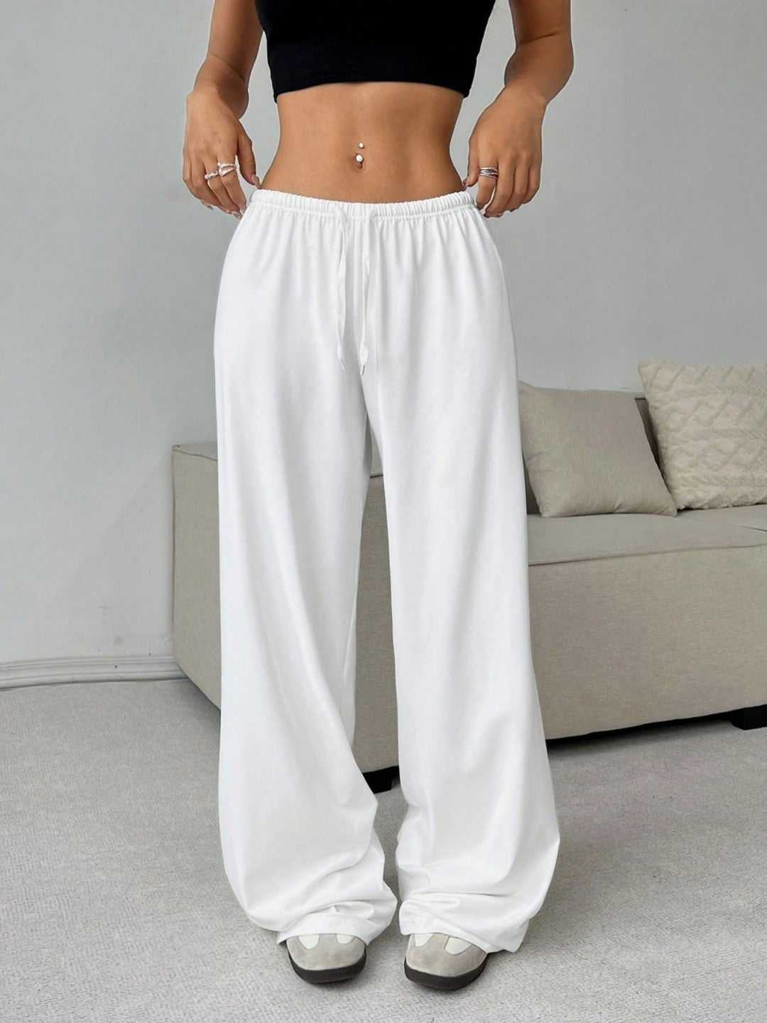 Trousers Elastic Waistband Lace-up Wide-leg Casual Pants - Swefashionstore