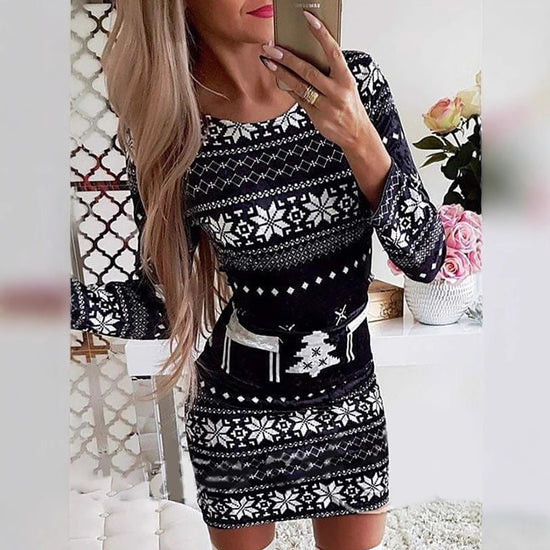 Damklänning med tryck - Ny rund halsringning, långärmad, smal modell