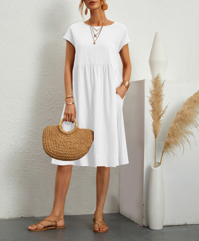 Summer Short-sleeved Dress With Pockets Fashion Solid Round Neck A-line Dresses For Women Clothing - Swefashionstore