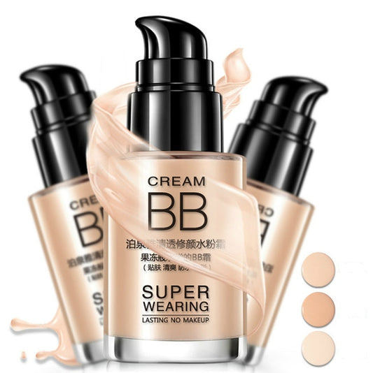Clear and sleek hydrating cream nude makeup BB cream bottle with swatches.