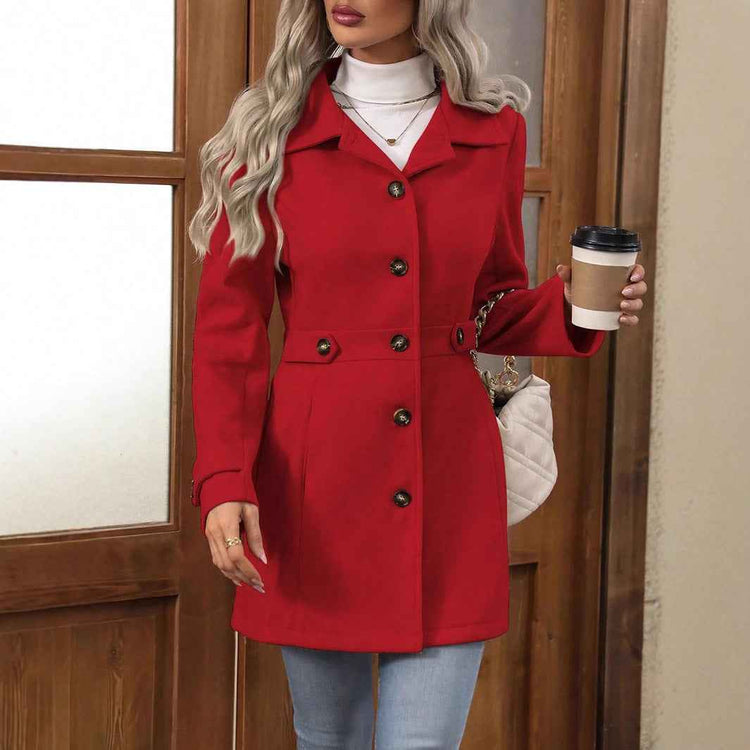 Elegant Woolen Coat for Women - Single-breasted Mid-length Jacket with Lapel and Buttons for Commuter Outwear