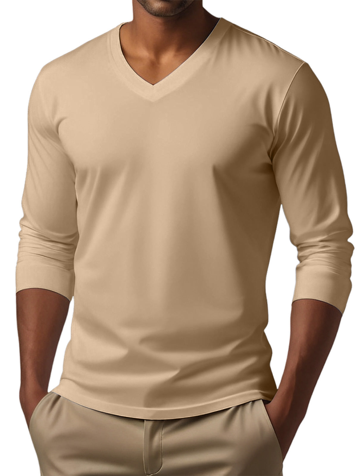 Men's versatile long sleeve pullover in beige, made of polyester, suitable for casual scenarios.