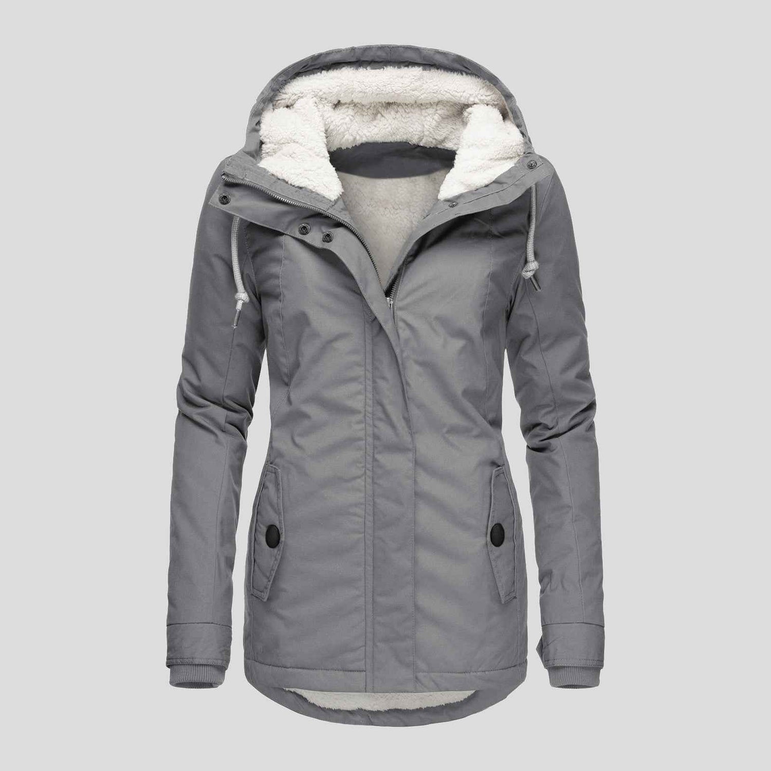 Winter Hooded Jacket for Women - Solid Color Fleece Zip-up with Pockets