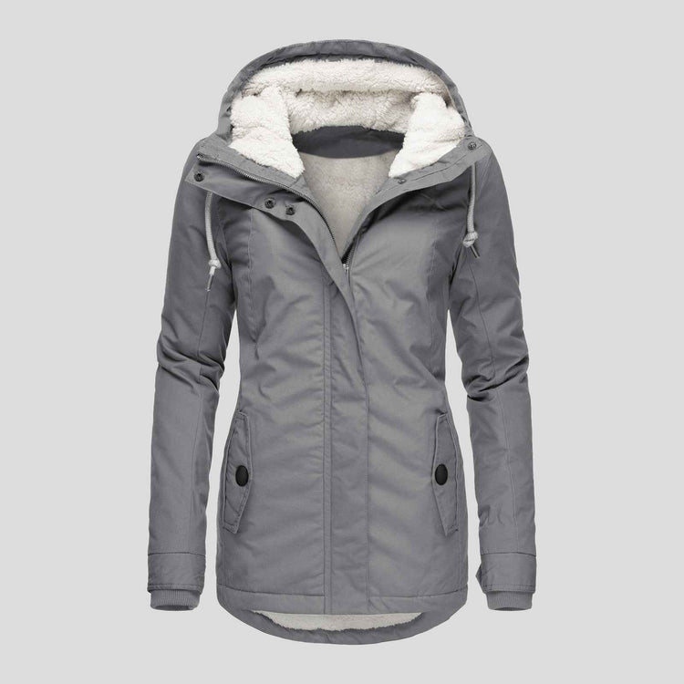 Winter Hooded Jacket for Women - Solid Color Fleece Zip-up with Pockets
