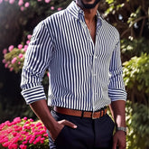 Ins Stripe Printed Long Sleeve Shirt Men Fashion Casual Lapel Button Top Clothing - Swefashionstore