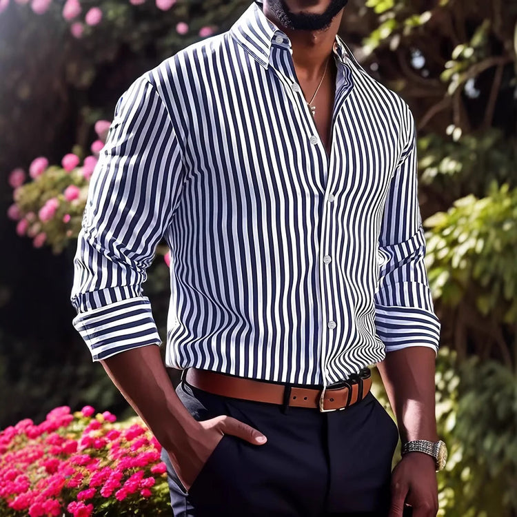 Ins Stripe Printed Long Sleeve Shirt Men Fashion Casual Lapel Button Top Clothing - Swefashionstore