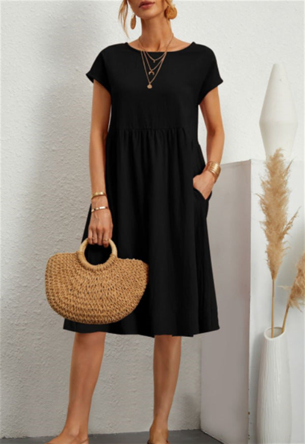 Summer Short-sleeved Dress With Pockets Fashion Solid Round Neck A-line Dresses For Women Clothing - Swefashionstore