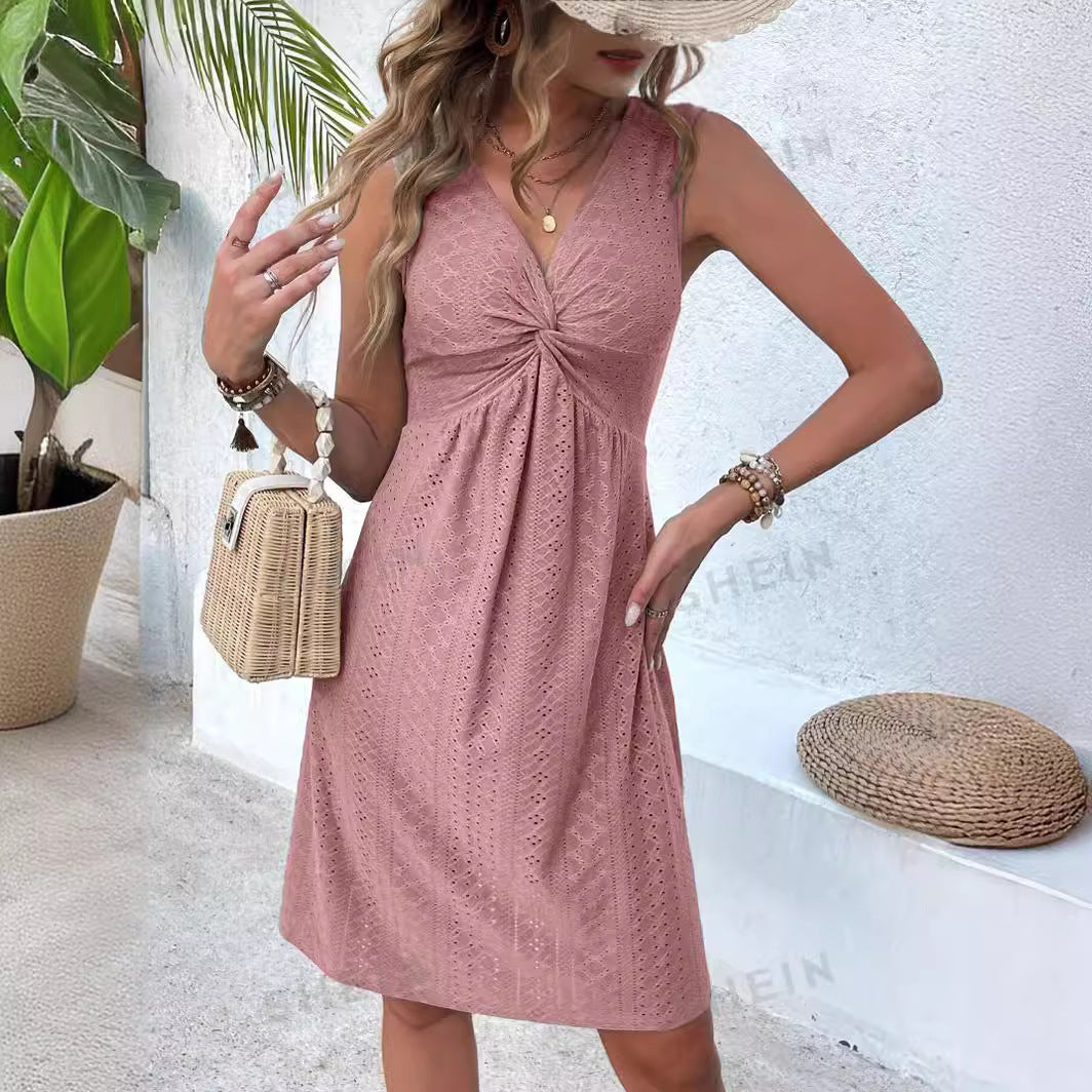 NEW FASHION V-neck Knot Sleeve-less Design Pleated Dress