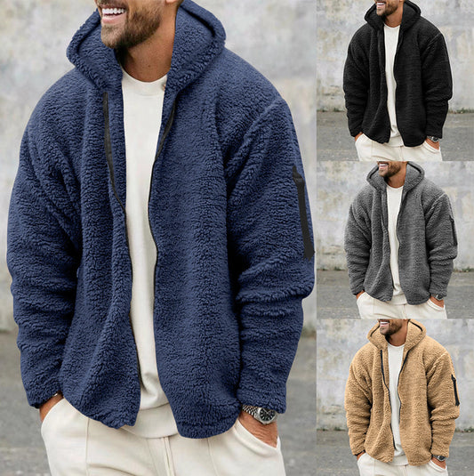 Plüsch-Kapuzenjacke Herren Herbst und Winter Fleece Warm Mantel