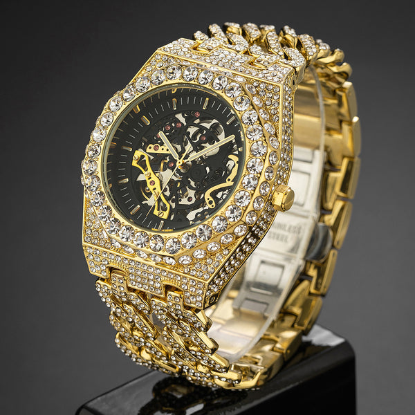 Full Diamond Hip Hop Cuban Link Chain Stitching Hollow Automatic Mechanical Watch - Swefashionstore