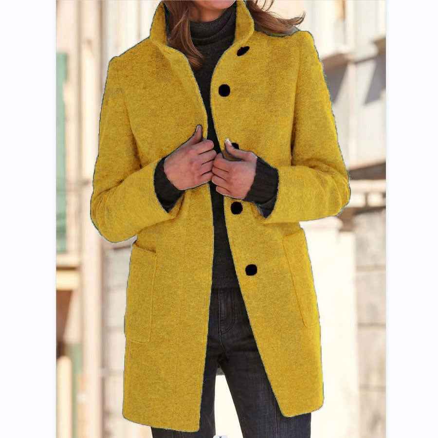 Fashion Stand Collar Woolen Coat for Women with Pockets - Casual Button Outwear for Fall Winter