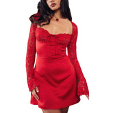 Y2K  Lace Long Sleeve Dress Fashion Sexy Corset Backless Lace Up Short Dresses Womens Clothing - Swefashionstore
