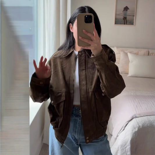 Women's SPRING Clothing Personality RETRO Suede Fabric Jacket
