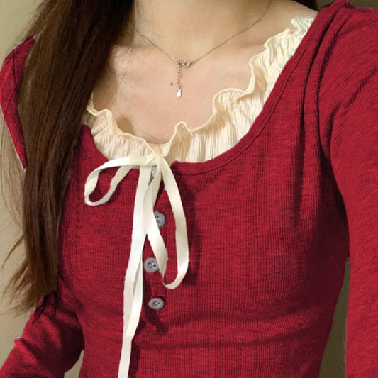 Purplish red Pure Desire Lace Inner Match Bottoming Shirt with button details and ribbon tie.