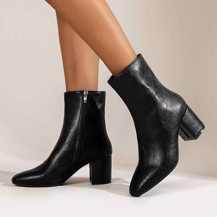 Chunky Heel Pointed Toe Boots with Side Zipper - Fashion Mid-Calf Boots for Women